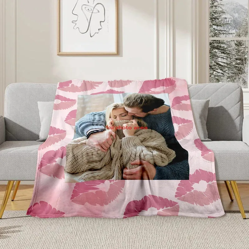 

UJF03Customized Valentine's Day Flannel Blanket. With Couple's Lip Print Design and Personalized Picture, Embrace Love in Th5Ln&