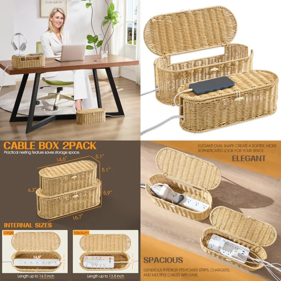 

Cable Management Box 2Pack, Handwoven Large and Small Cable Organizer Box Cover to Hide Cords and Power Strip, Imitation Wicker
