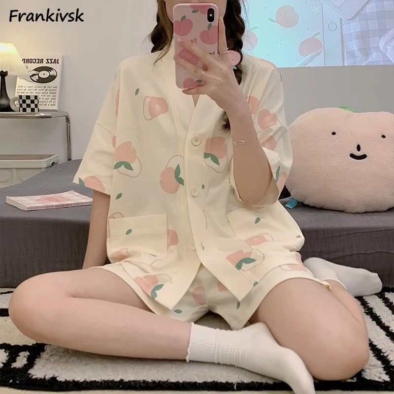 Lovely Pajama Sets Women Sweet Print Aesthetic Loungewear Slouchy Schoolgirls Korean Style Loose Elastic Waist Summer Street