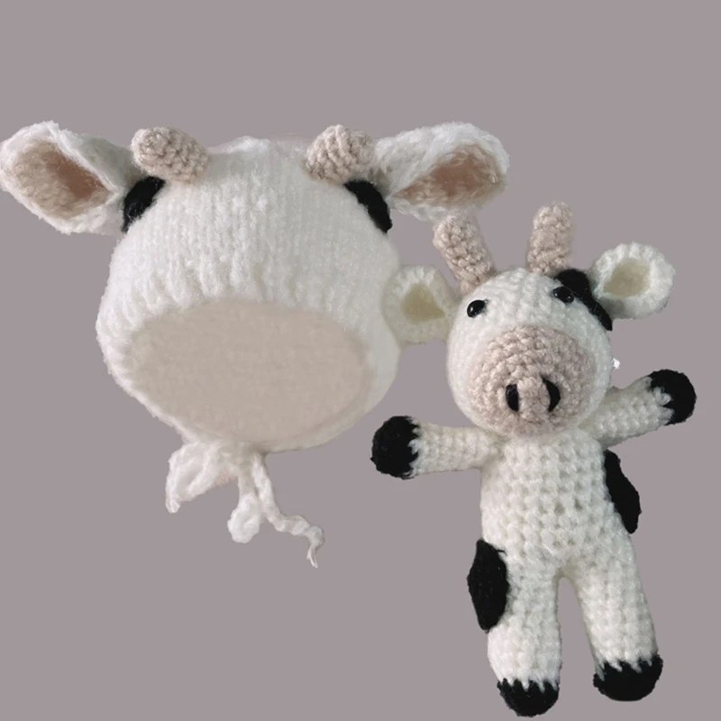 Baby Boys Girls Shower Gift Handmade Crochet Knitted Cow for Doll Set Beanie Hat