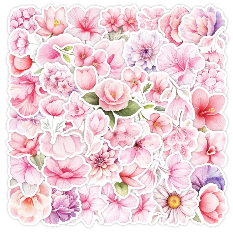 10/50Pcs Beautiful Watercolor Pink Flower Stickers Waterproof Decoration Water Cup Luggage Scrapbook Phone Case Girl's Toy Gift