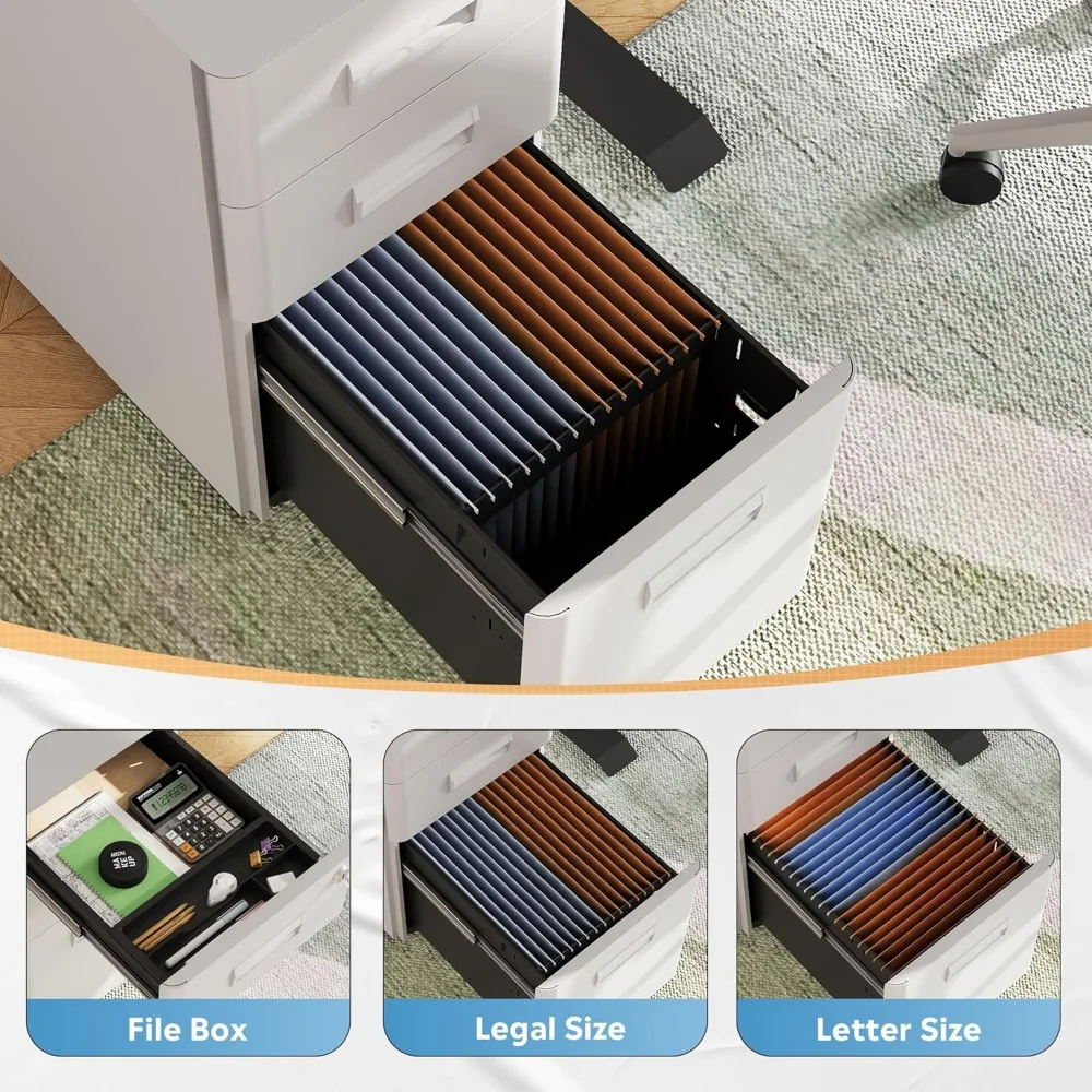 Armário de arquivo móvel com trava branca de 3 gavetas com rodas para escritório, totalmente montado, solução de armazenamento profunda de 17,7