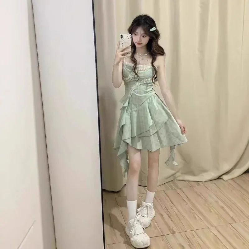 2023 neue Streetwear Französisch Süße Würzig Grün Liebsten Puffy Prinzessin Stil Midi Kleid Lolita Frauen Sommer Asymmetrische Kleider