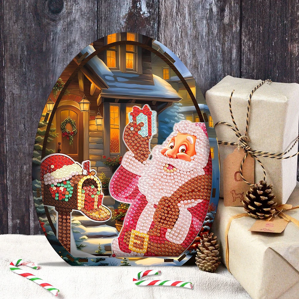 HOMFUN Wooden Christmas Desktop Diamond Art Kits 5D DIY Diamond Art Tabletop Decorations Kit, Creative 3D Santa Claus Gift