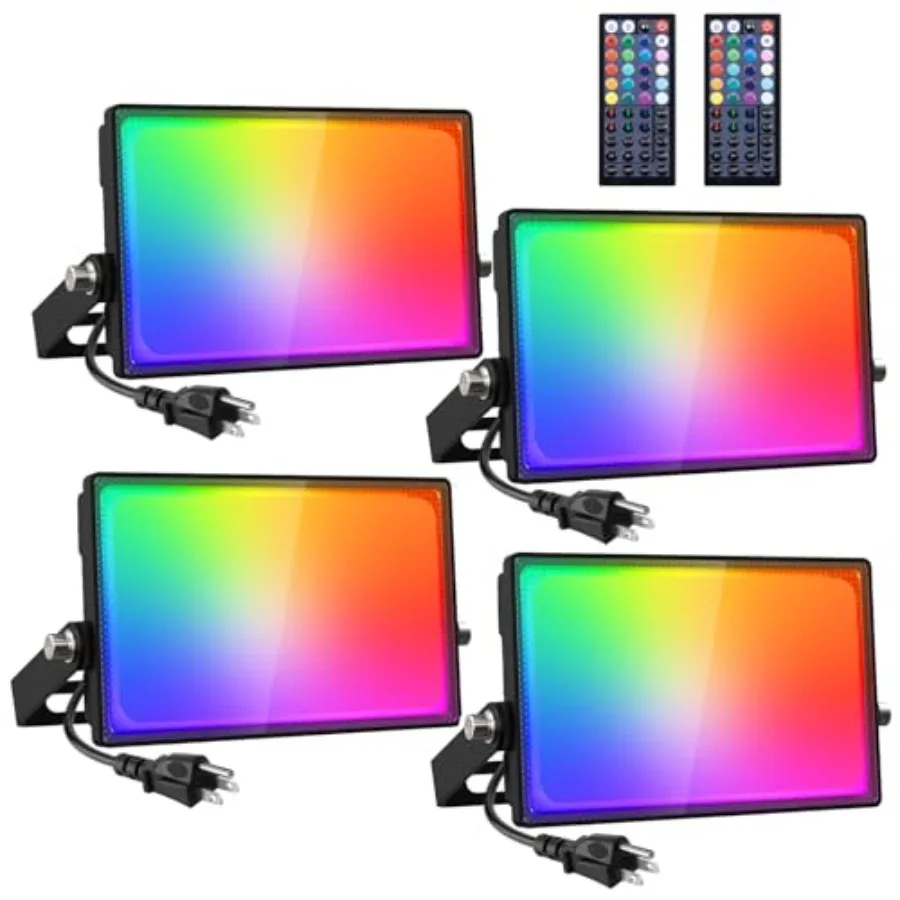 

4 Pack LED RGBW Flood Lights Outdoor 70W, 2700K Warm White Dimmable Million Color Changing Floodlight Waterproof with Remote, D