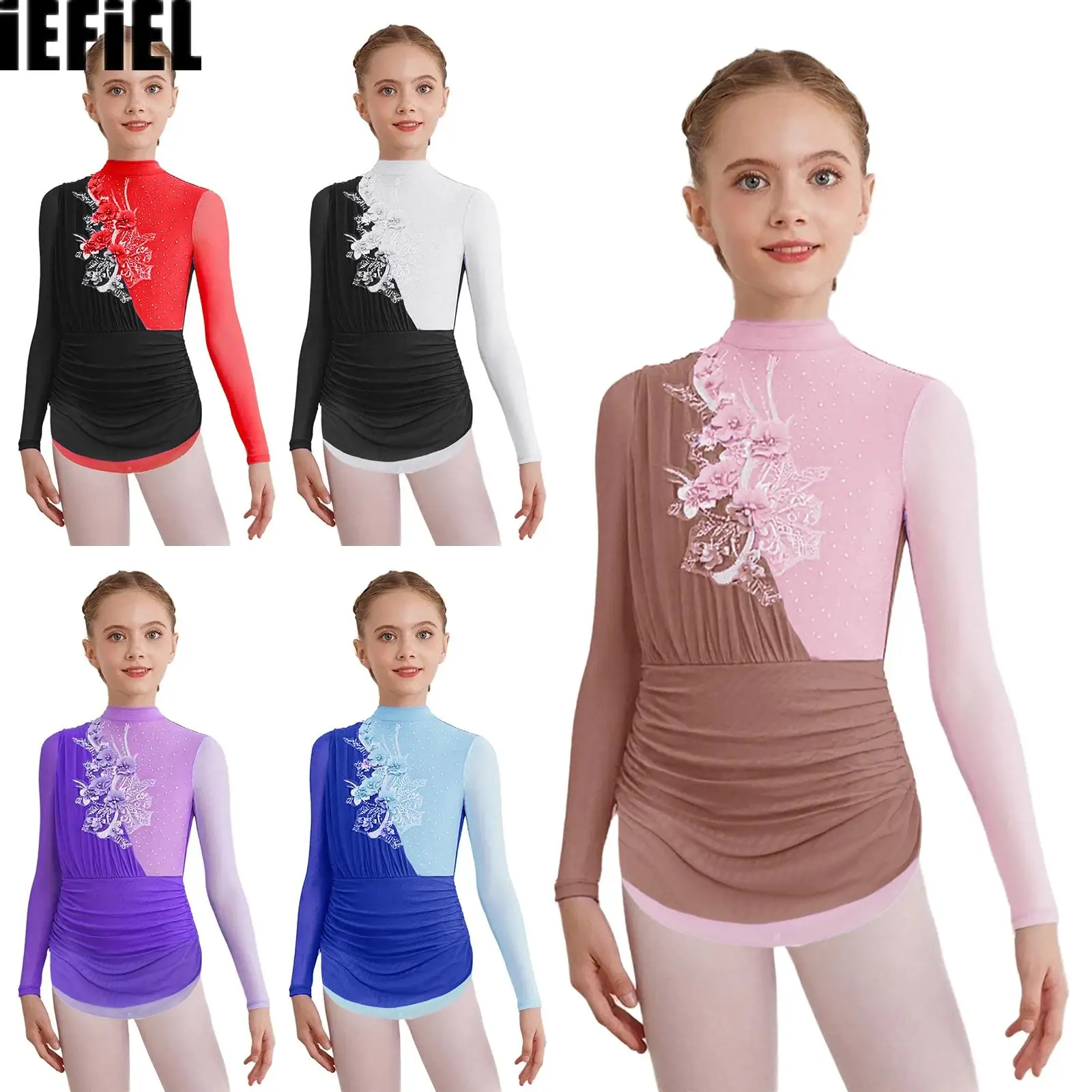 Vestido de baile de malla transparente para niñas, vestido de patinaje artístico fruncido con cuello simulado y mangas largas, diamantes de imitación brillantes y delicados