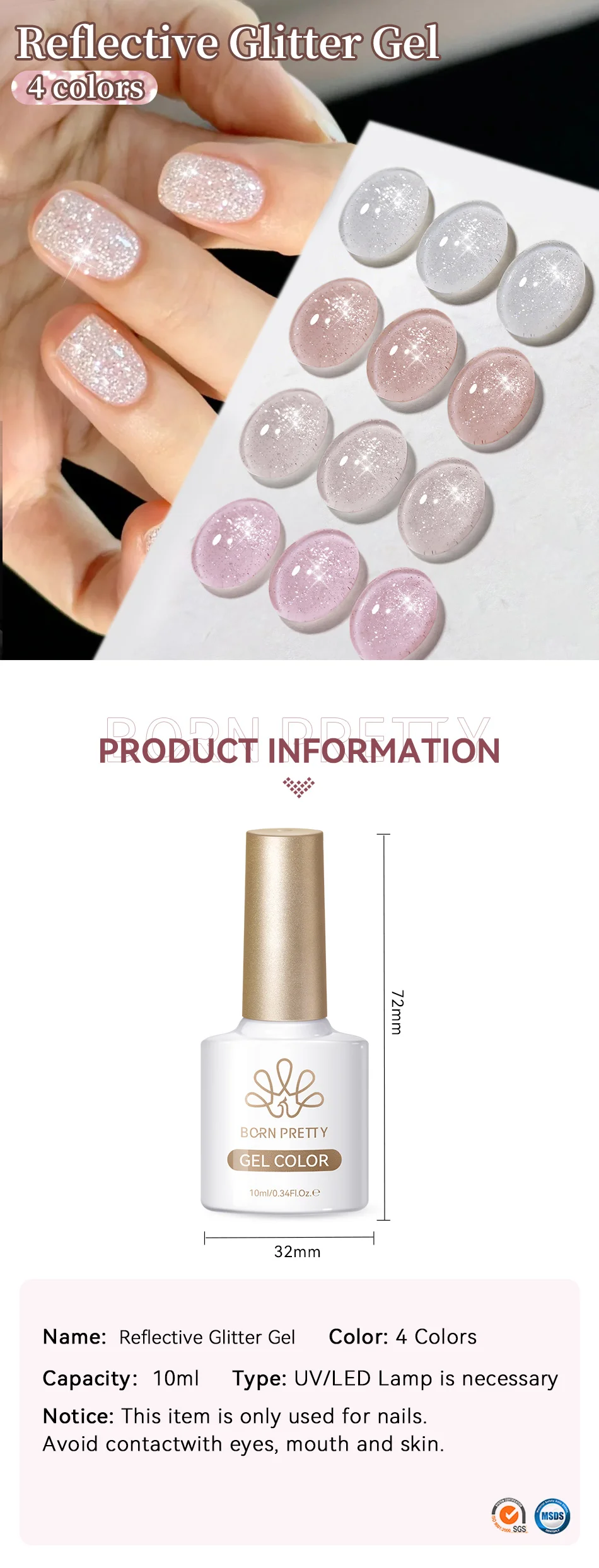 BORN PRETTY 10ml Nude Pink Flash Glitter Gel Nagellack UV LED Soak-Off Langanhaltender Funkelnder Nagelkunst-Lack für DIY-Maniküre zu Hause – Detail 1