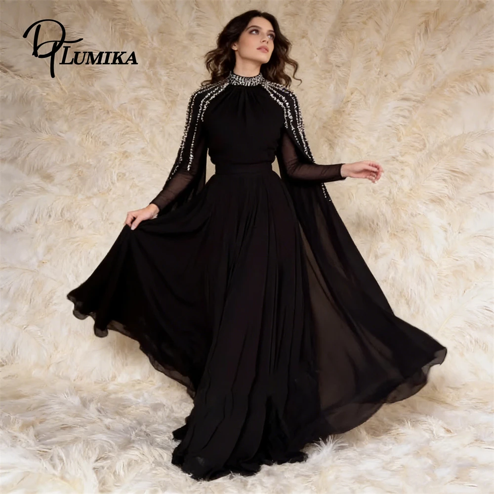 

DTLumika Women's High Neck Maxi Dress Beaded Trim Sheer Cape Sleeve Formal Gala Party Luxury Elegant Evening Outfit
