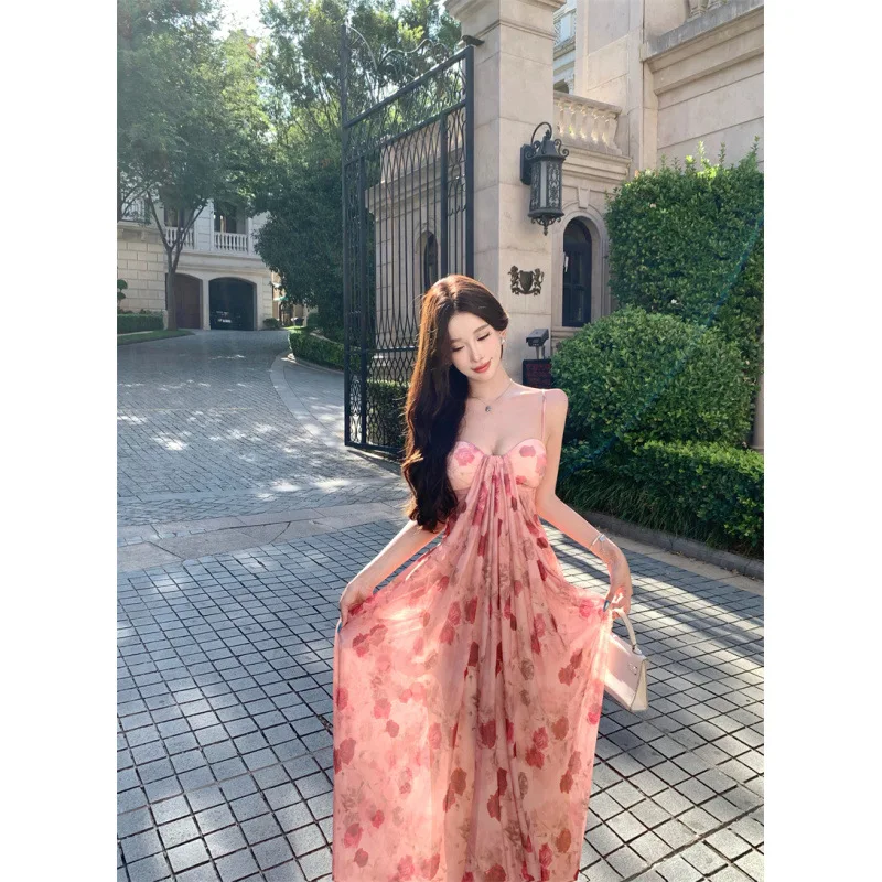 French Rose Print Tie Dye Tube Dress Women Sexy Bodycon Mermaid Long Dresses Spring Summer