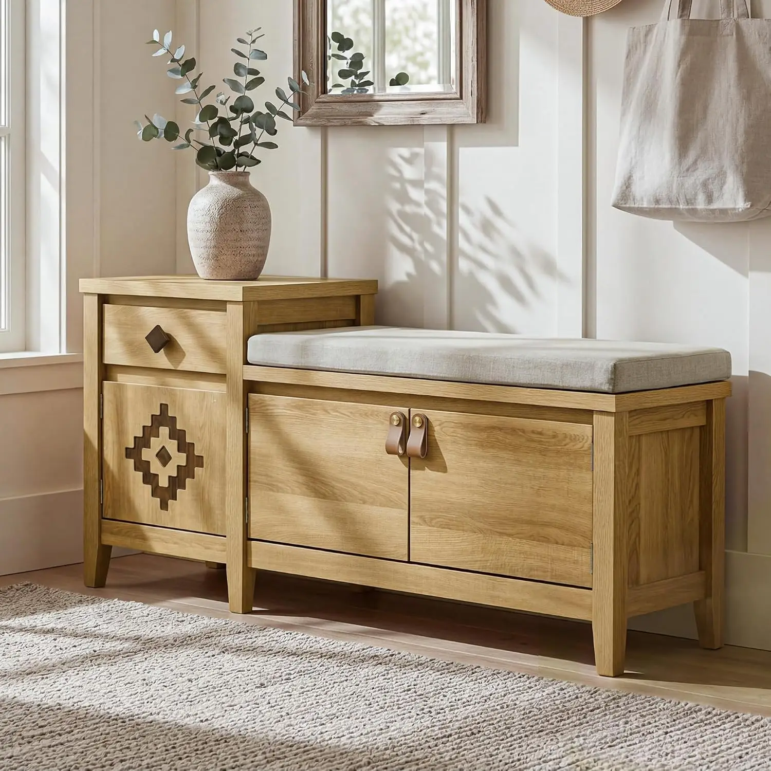 Rustic Wooden Entryway Storage Bench with Drawer & Cubbies, 44