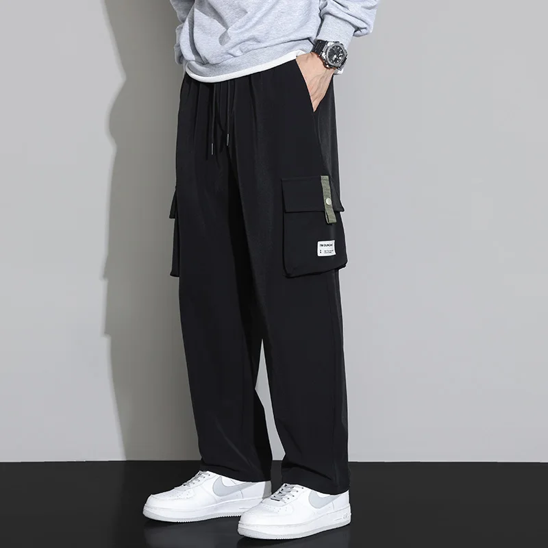 Spring Autumn Men's Elastic High Waisted Solid Bandage Drawstring Pockets Casual Loose Wide Leg Trousers Fashion Vintage Pants