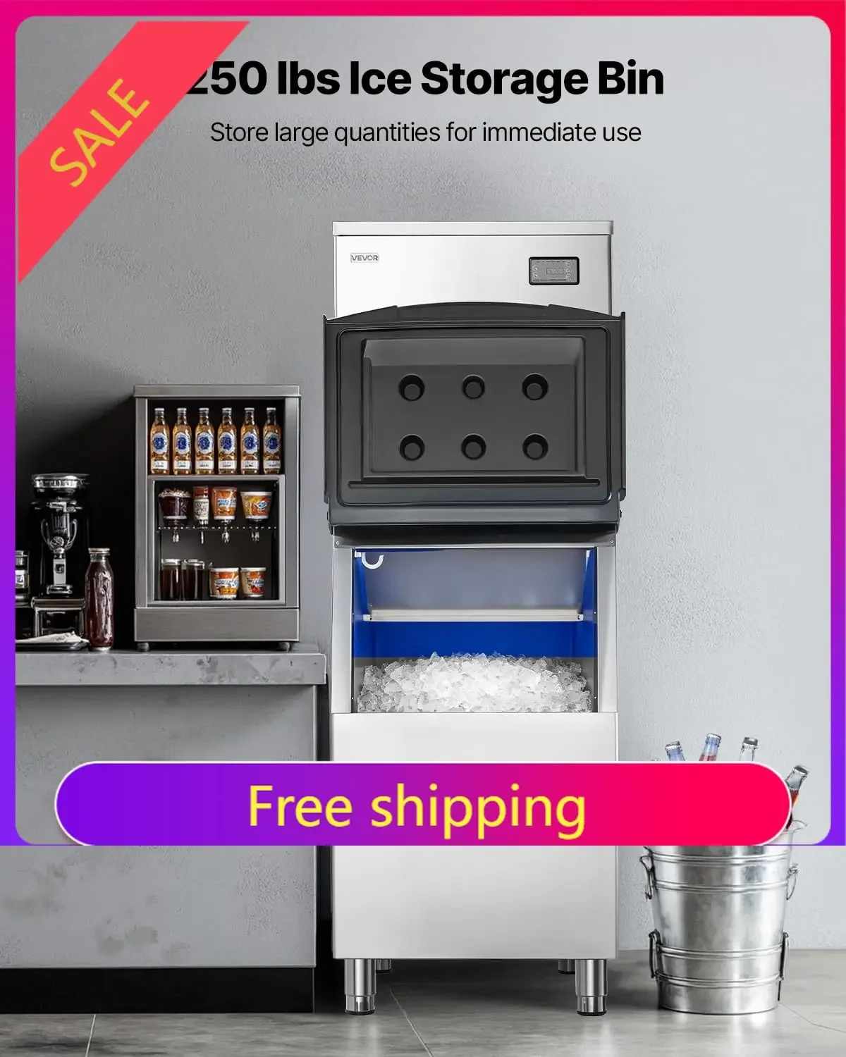 Commercial Ice Maker Machine, 450LBS/24H Ice-Making Machine with 250LBS Stainless Steel Storage Bin, Auto Self-Cleaning Ice Make