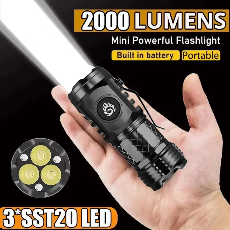 Lampe torche tactique haute puissance 3 LED, mini lampe porte-clés rechargeable par USB, étanche pour extérieur, lanterne de camping avec clip de fixation
