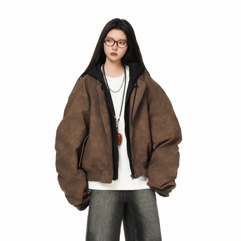 MWJLPWQ Fake Two-Piece Cotton Coat Men's American Retro Streetwear Unisex Hooded Trendy Autumn Winter Flight Jacket 20657