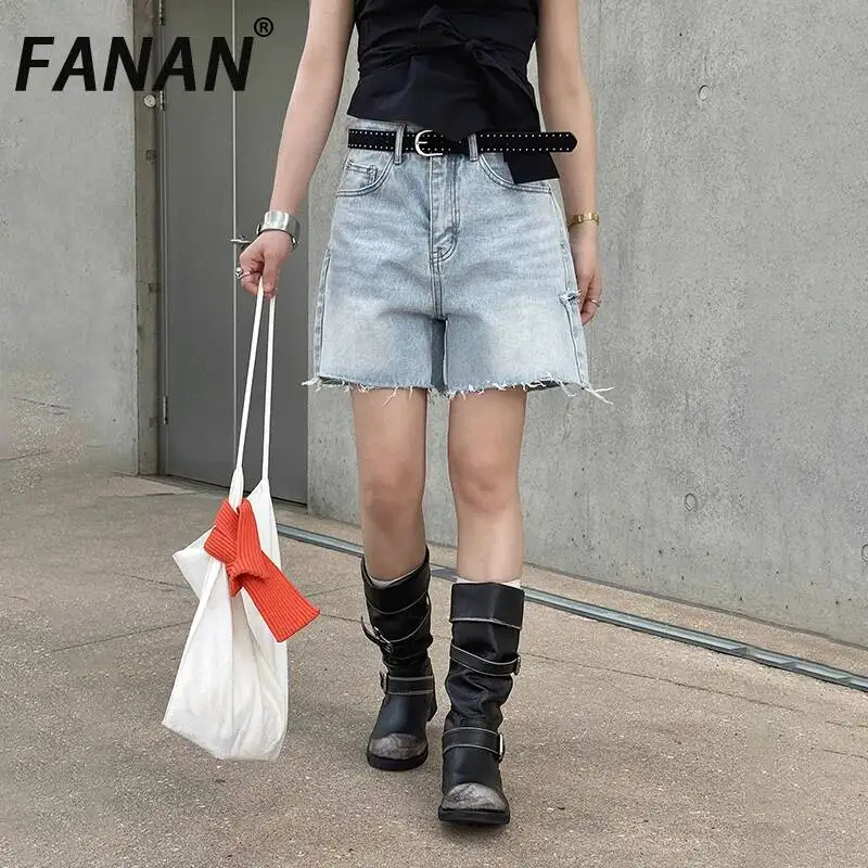 FANAN 2026 New Summer New Korean Style Washed Distressed Ripped Frayed Hem Loose Wide-Leg Mid-Length Jeans For Women