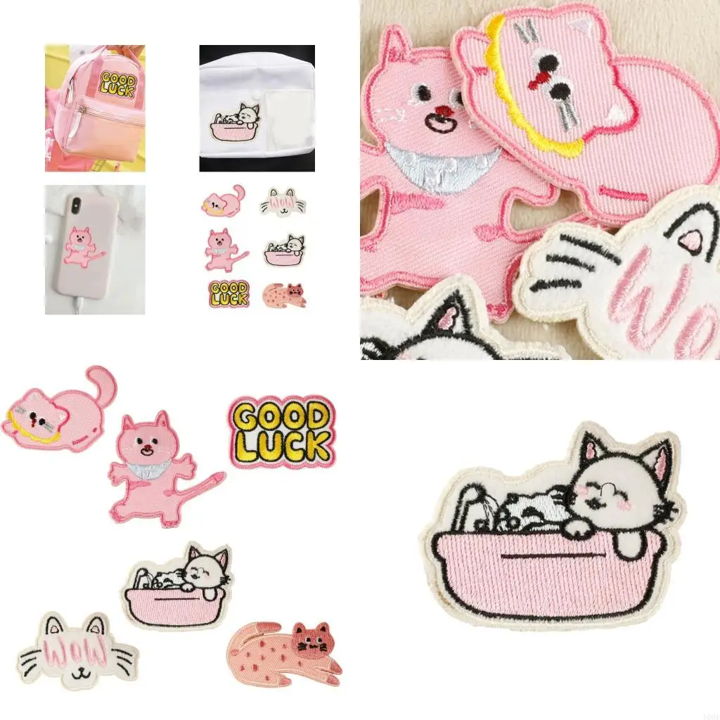 6 PCS Cartoon Cats الحديد على بقع ملابس البقع تصحيحات إصلاح الحيوانات بقع التطريز لزينة حقيبة Y08E