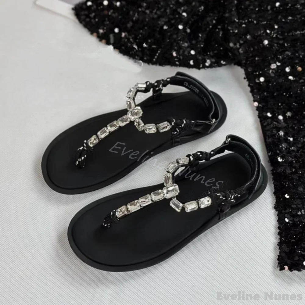 

Lambskin Glittering Rhinestone Flip Flops Women Round Toe Back Strap Holiday Beach Flat Sandals Summer Fashion Casual Slippers