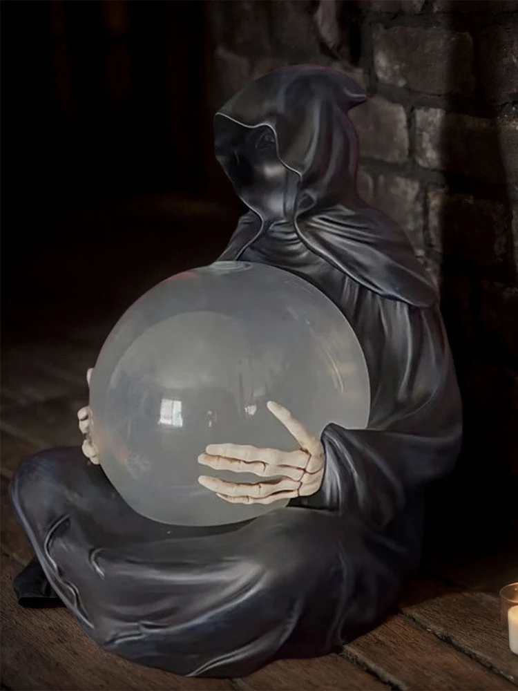 LED Halloween Decoration Crystal Ball USB Charging Grim Reaper Water Globe Resin Spooky Sculpture Ornament for Desktop Decor