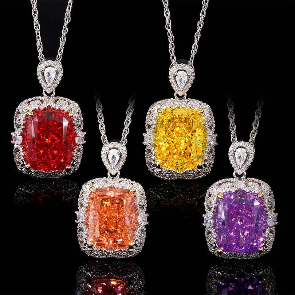 

High Carbon Diamond Ice Flower Cut Copper Inlaid Light Luxury Pendant Main Stone 12*16 Colored Gemstone Stainless Steel Necklace