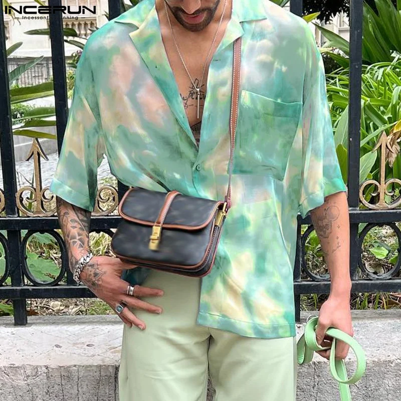 

Summer Fashionable Style Tops INCERUN 2024 Men Tie Dyed Chiffon Shirt Sexy Male Personality Thin Half Sleeved Lapel Blouse S-5XL