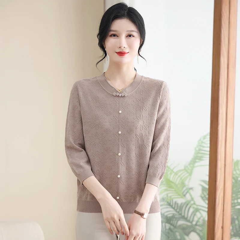 

Весенний вязаный тонкий свитер для женщин, повседневная свободная верхняя одежда с круглым вырезом, укороченная, модная, для женщин среднего и старшего возраста