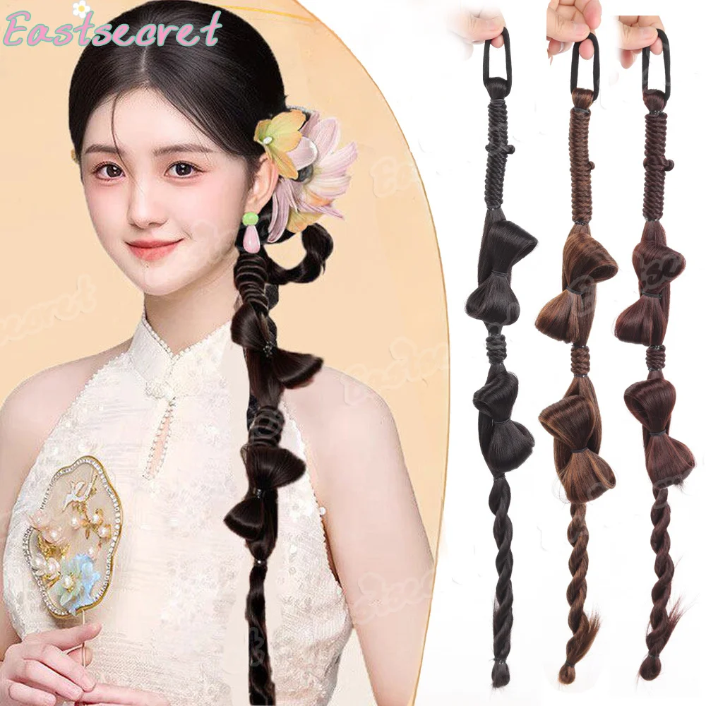 EAST New Chinese style wig with braided hair, female Xiuhe bow, twisted braid design, synthetic wig with ponytail
