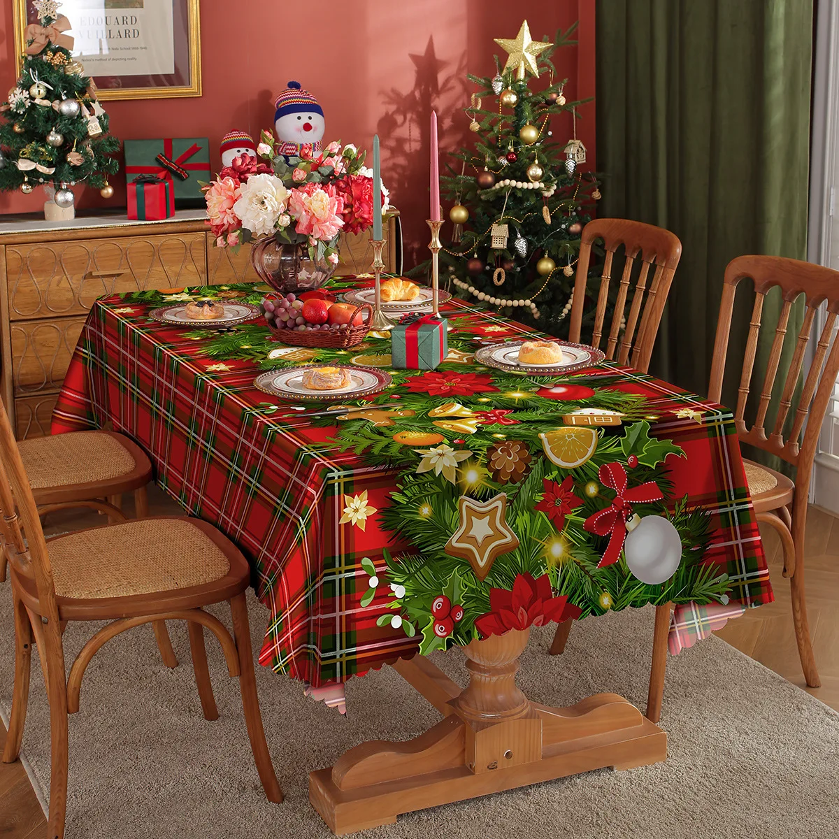 

Скатерть с принтом рождественских элементов 2025 года, водонепроницаемая и маслостойкая скатерть для праздничных украшений, грязеотталкивающая и пыленепроницаемая