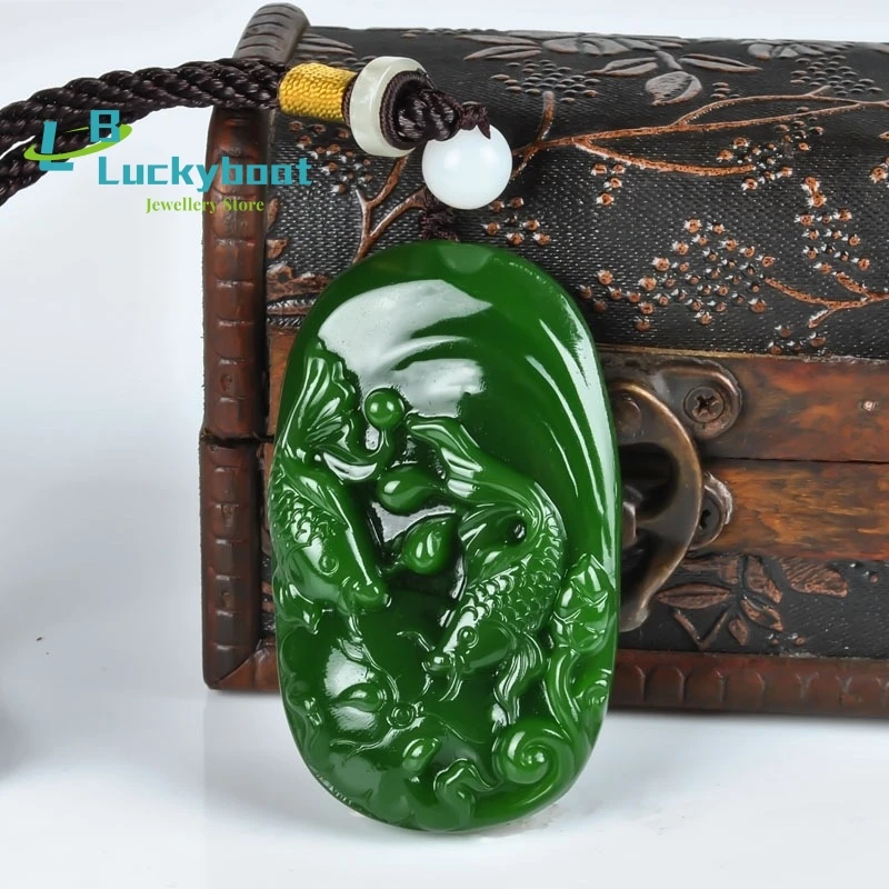 Natural Xinjiang Hetian Jade Double Fishes Playing Water Jasper Pendant Wholesale Seed Material Fashion Men or Women Necklace