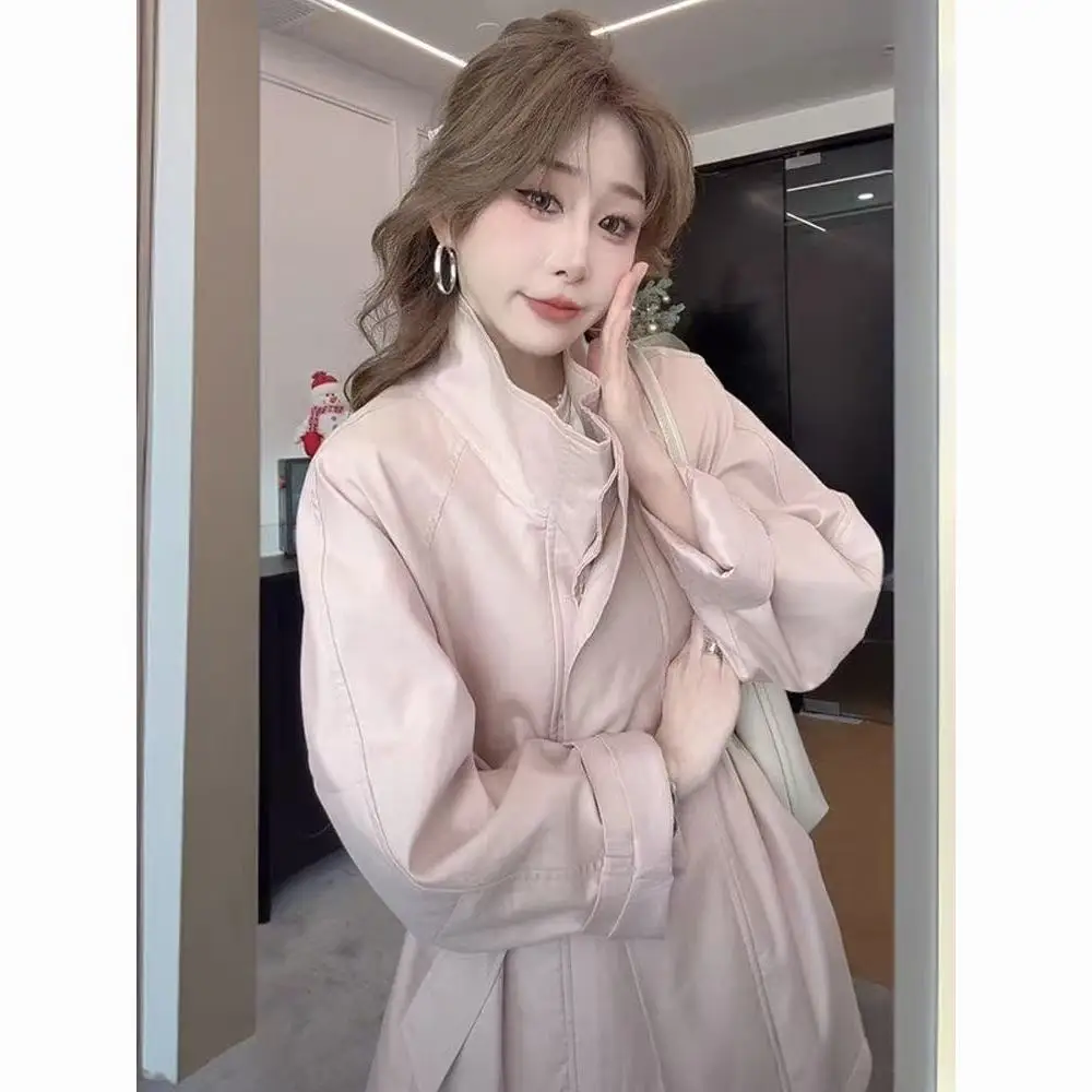

Trench Long Coat Woman Top Purple Slim Turn Down Gathered Turn-Down Decoration Large Wrinkled Gradient Early Elastic Fiber