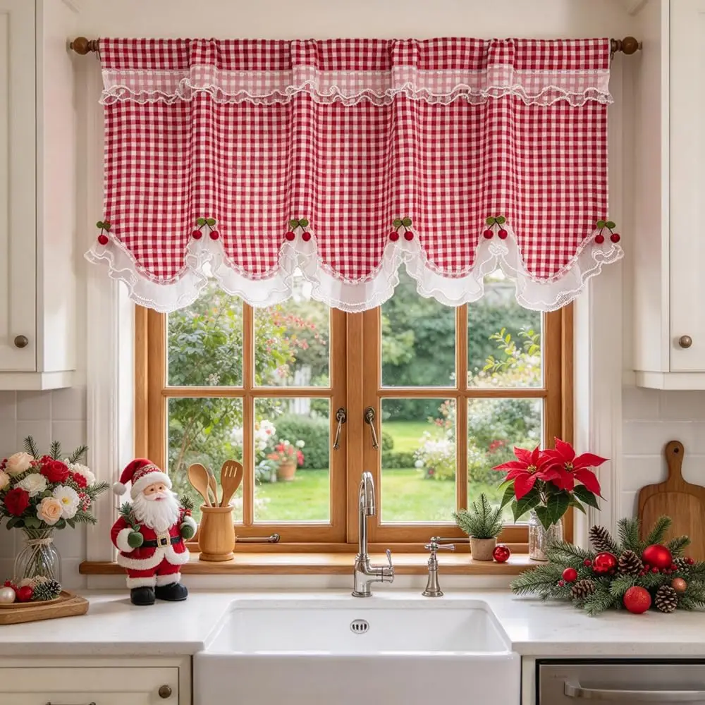 Cottage Red Gingham Swag Valance Ruffle Lace Cafe Curtain with Red Cherry Semi Sheer Checkered Boho Kitchen Cabinet Dust Cover