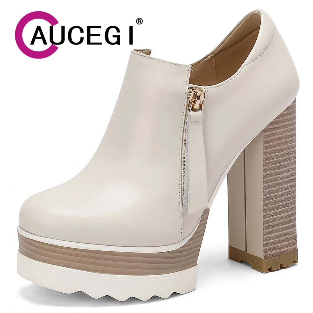 Aucegi Luxury Design Chunky Platform Heels Pumps Women Literary Style Round Toe Genuine Cow Leather Zipper Manual Made Shoes