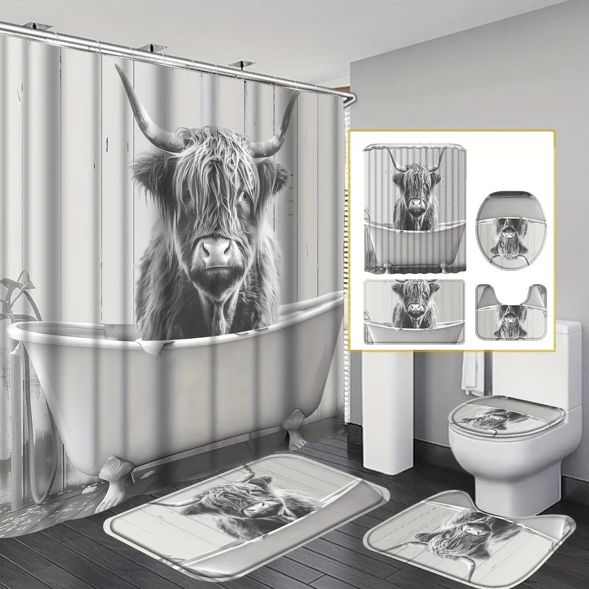 

Набор из 4 занавесок для душа Deluxe Highland Bull — водонепроницаемая занавеска для душа с нескользящим напольным ковриком, сиденьем для унитаза и U-образным ковриком
