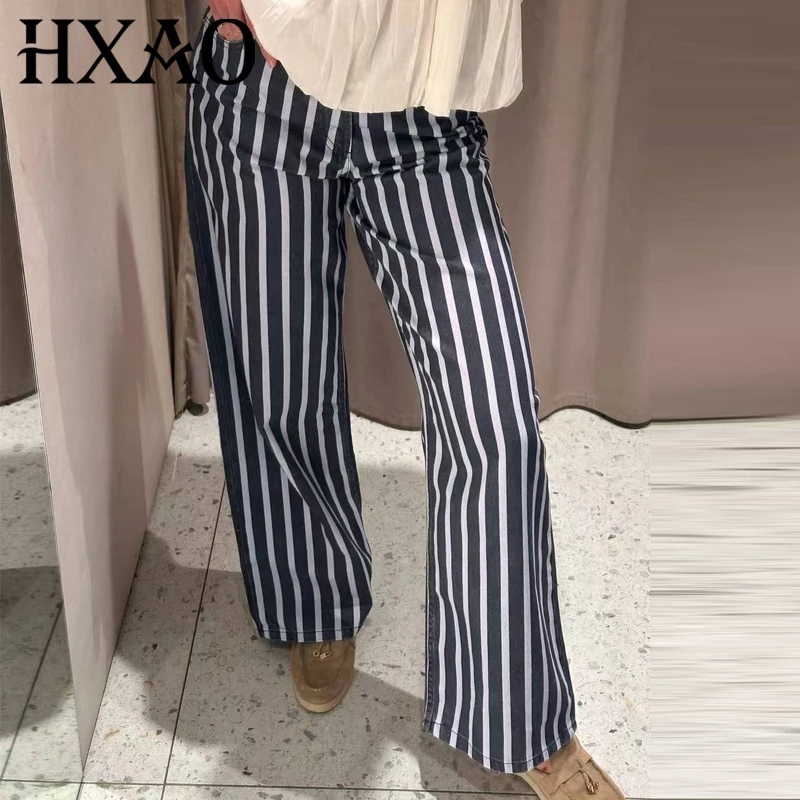 HXAO Gestreifte Denim-Hose für Damen, Sommer 2026, Baggy Wide Leg Mid Waist Jeans, Bürokleidung, Schicke Loose Straight Hose