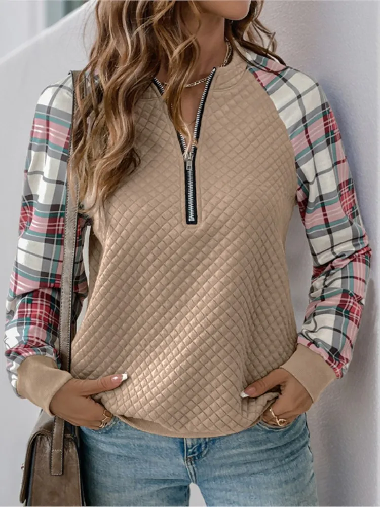 

Women's Clothing Casual Pullover Retro Half-open Zipper Plaid Patchwork Diamond Pattern Sweatshirt Commuting Simple Style Trendy