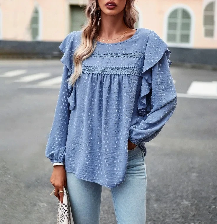 

Spring and Autumn Women's Pullover Round Neck Solid Embroidery Cut Lace Ruffle Long