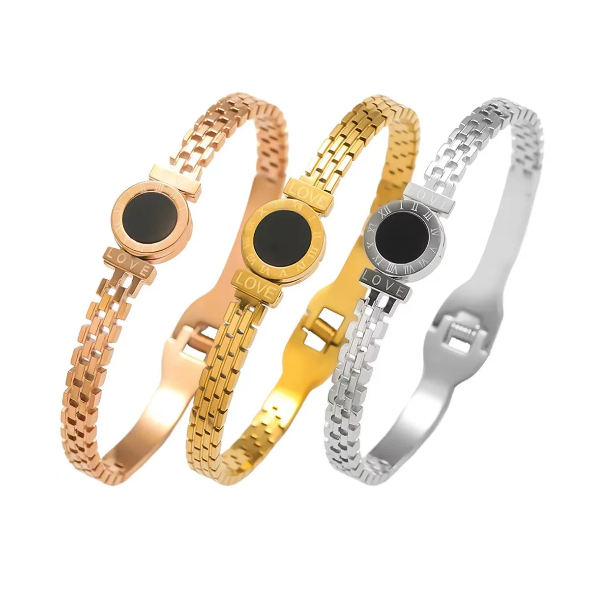 سوار الموضة للنساء الأسود الاكريليك الفولاذ المقاوم للصدأ زوجين سوار منحوتة الأرقام الرومانية فتاة هدية شحن مجاني ساخن