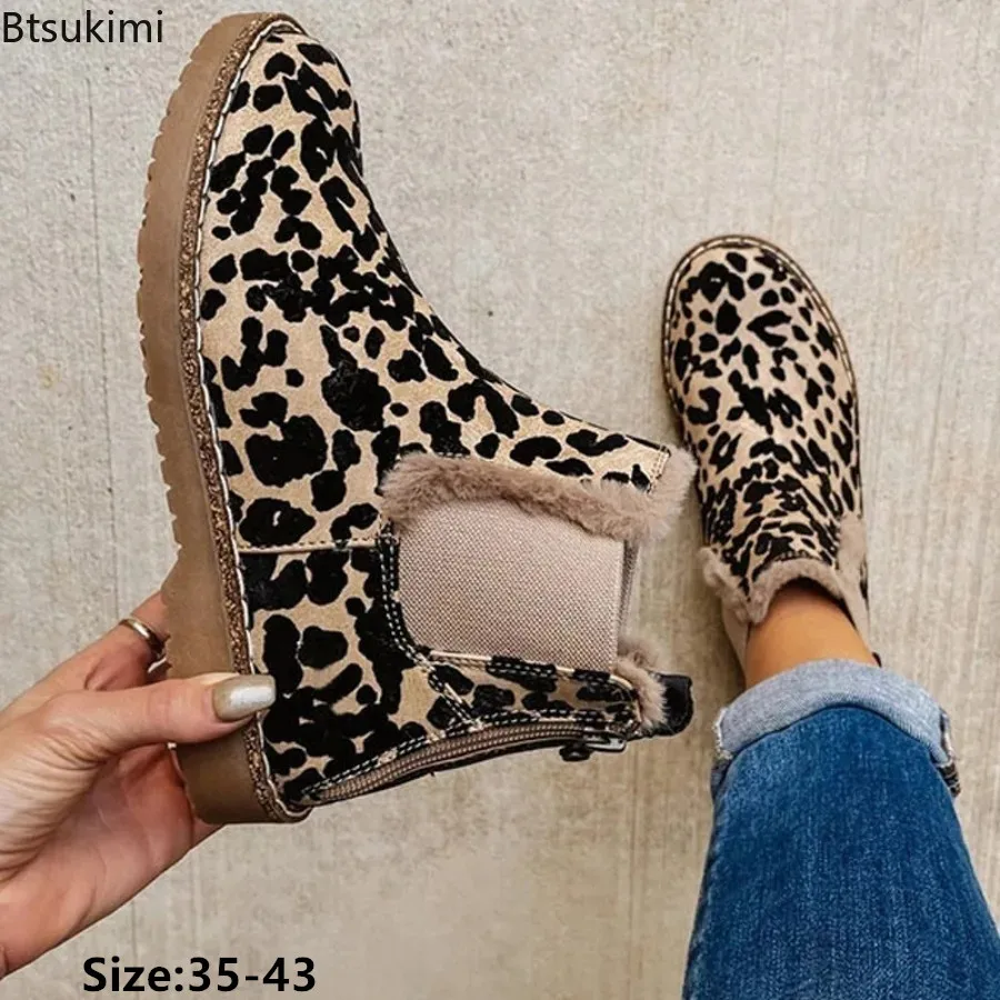 

New 2024 Women's Fashion Martin Boots Autumn Winter Leopard Print Casual Shoes Ladies Chelsea Boots Large Size Plush Warm Boots