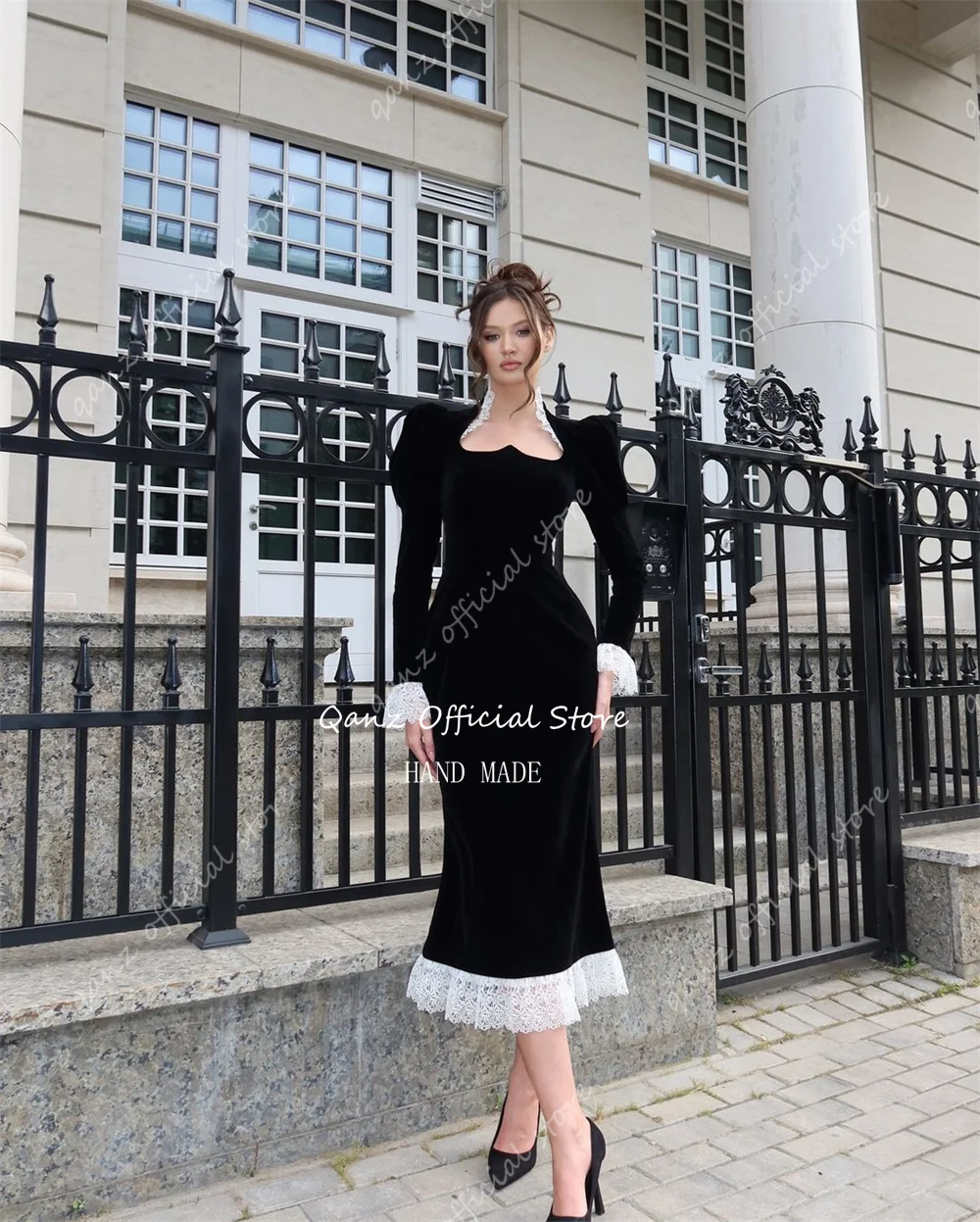 Qanz Customized Classical Evening Dress Black Velour Sweetheart Full Sleeves Lace Tea Length Dress Party Night Birthday Outfits