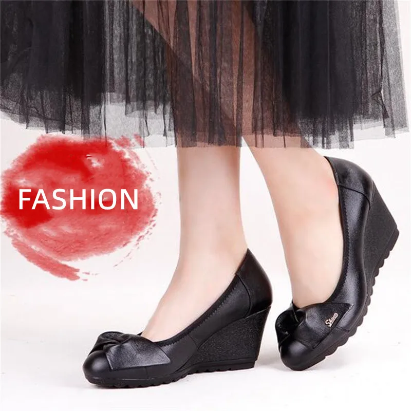 ZXRYXGS Sweet Bow Ladies Genuine Leather Shoes Wedges Comfortable Shoes 2024 Promotion New Shallow Women High Heel Shoes Black