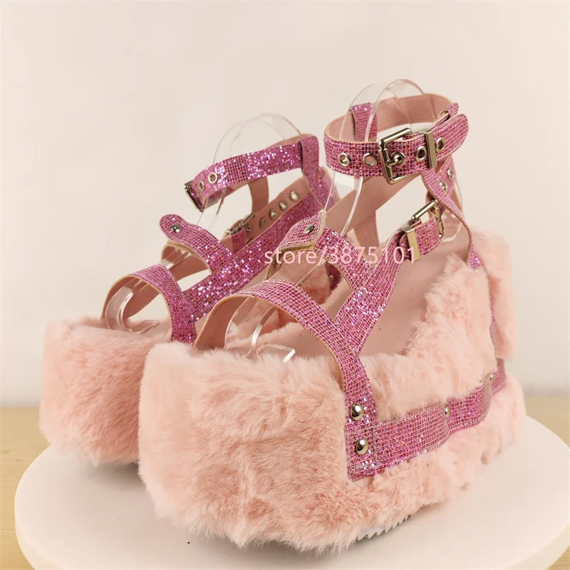 الوردي فاسق النساء الأحذية حزام باك منصة السيدات التمهيد مكتنزة عالية الكعب حذاء بوت بطول الكاحل السيدات كول إسفين امرأة أحذية نسائية للنساء #5