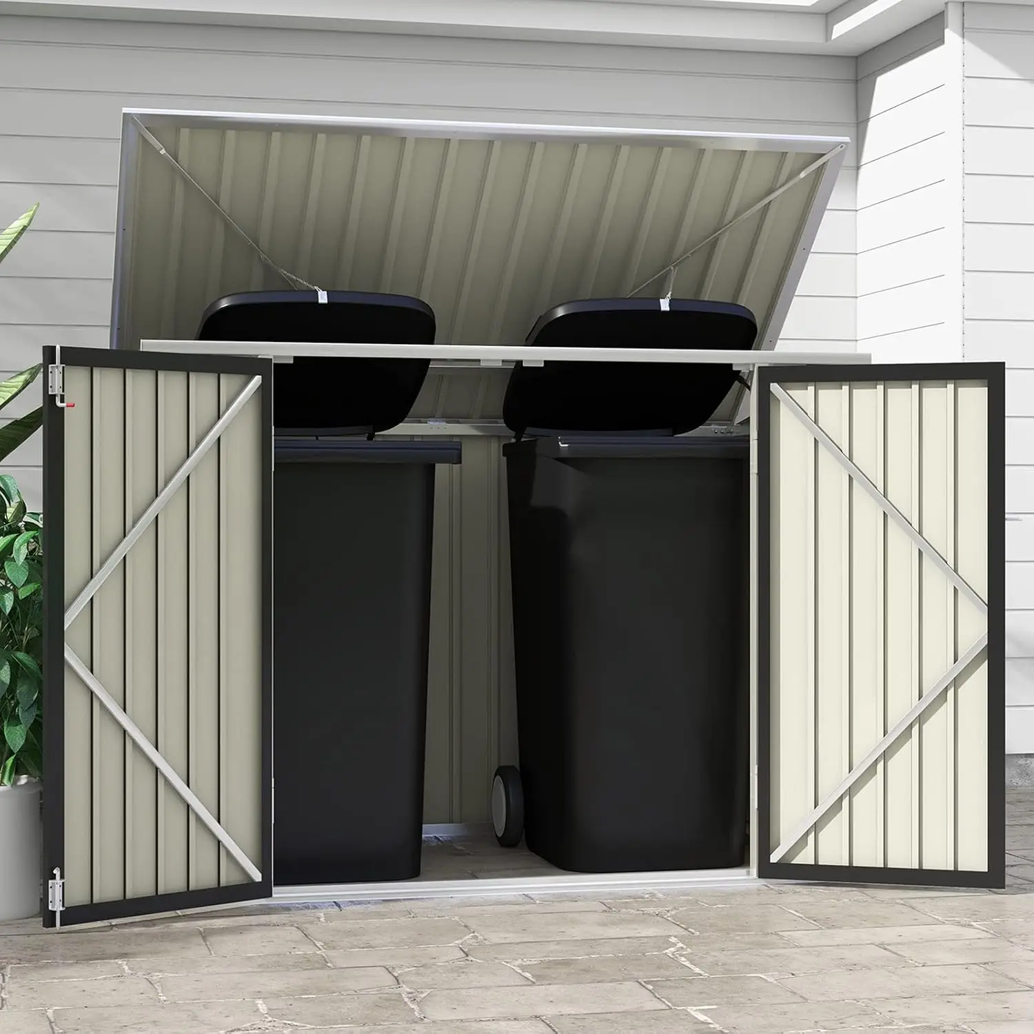 Horizontal Metal Shed, Outdoor Trash Can Storage Shed | Lockable Doors, Easy Lift Hinges, Garden Tools and Accessories, Waterproof Outdoor Garbage Can for Patio Garden Garage, Black