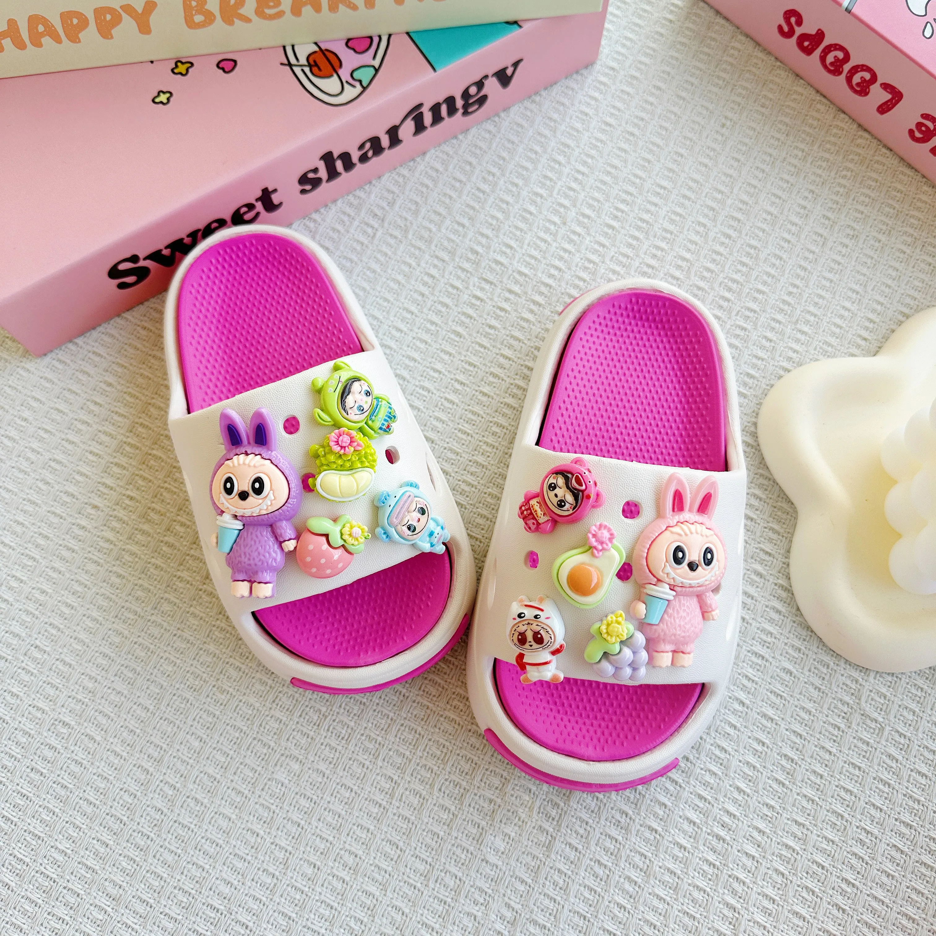 New Popular Cartoon Fruit Labubu Versatile Eva Slippers for Boys and Girls, Fashionable Double Soft-Soled Non-Slip Sandals