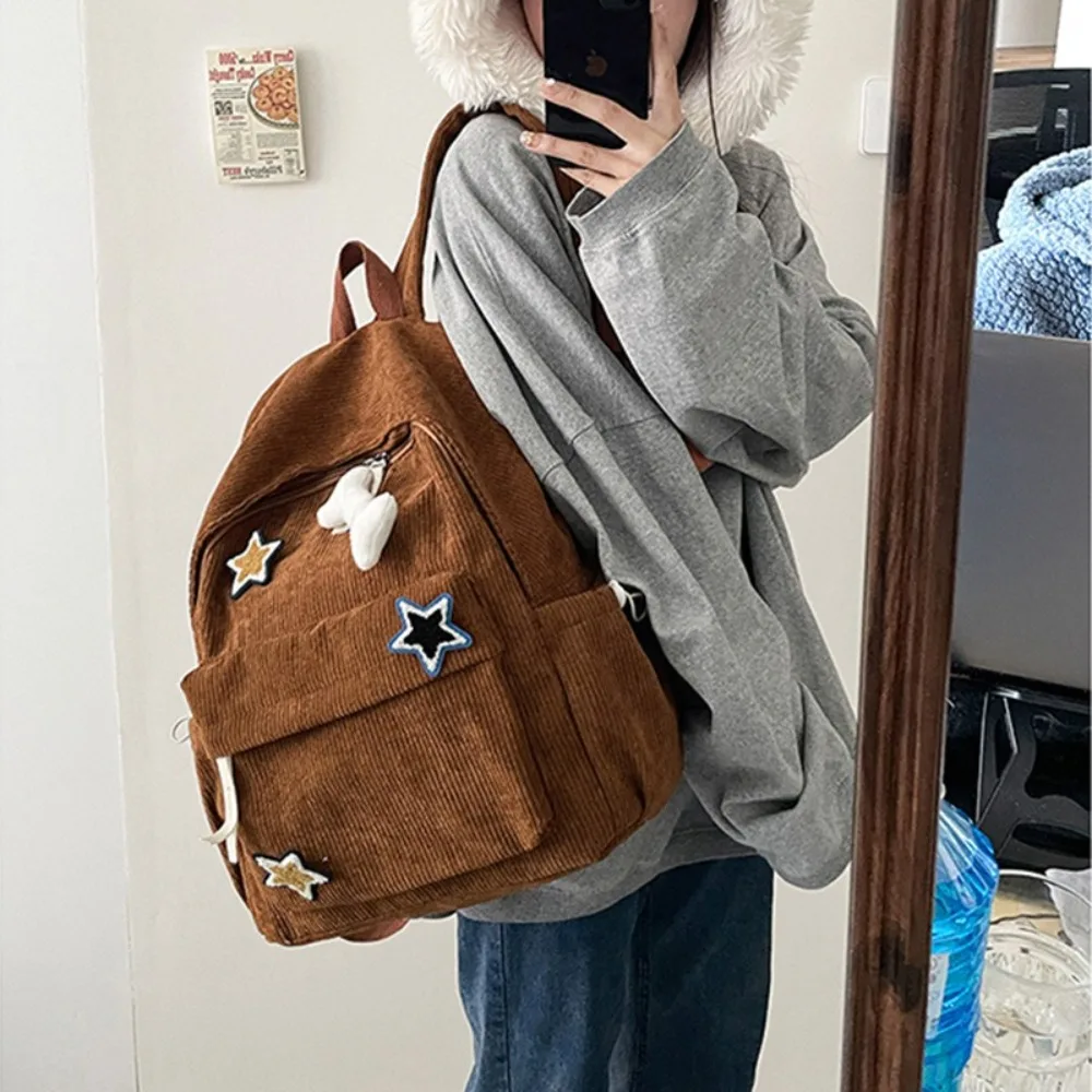 

Fashion Large Capacity Girls Backpacks Star Decoration Corduroy Students Backpacks Y2k School Bags Adults