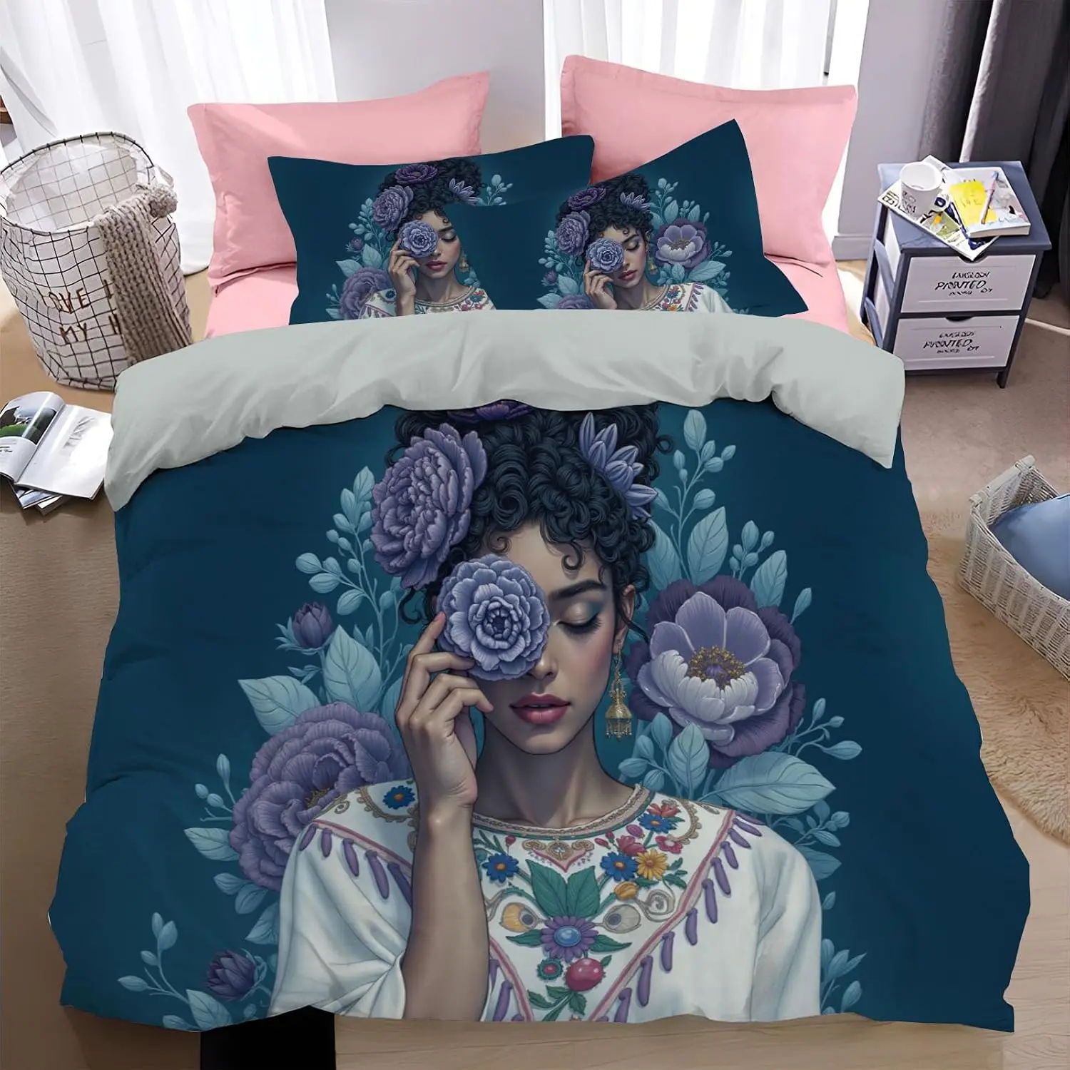 Dark Turquoise Duvet Cover Single Size 135x200cm With 1 Pillowcase Retro Indian Women Sexy Anime Bedding Set