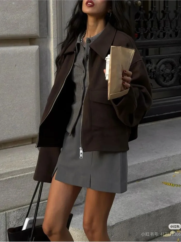 HipSeam Women Jackets with Patch Pockets Fashion Women's Jacket Coat Vintage Long Sleeve Front Zipper Female Outerwear Chic Tops