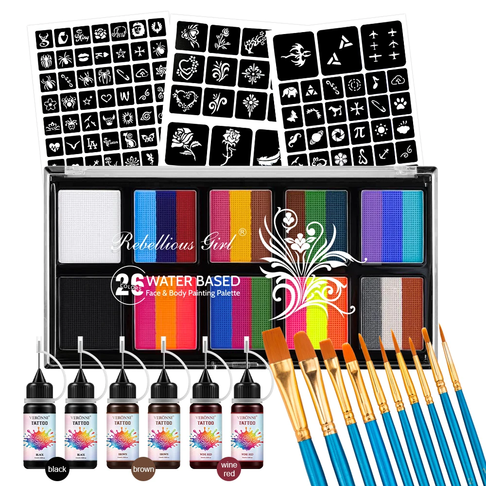 26 Colors Face Body Paint Palette Set with 9 Painting Brushes,3 Sheets Temporary Tattoo Stencils 6 Bottles Tattoo Ink,Halloween
