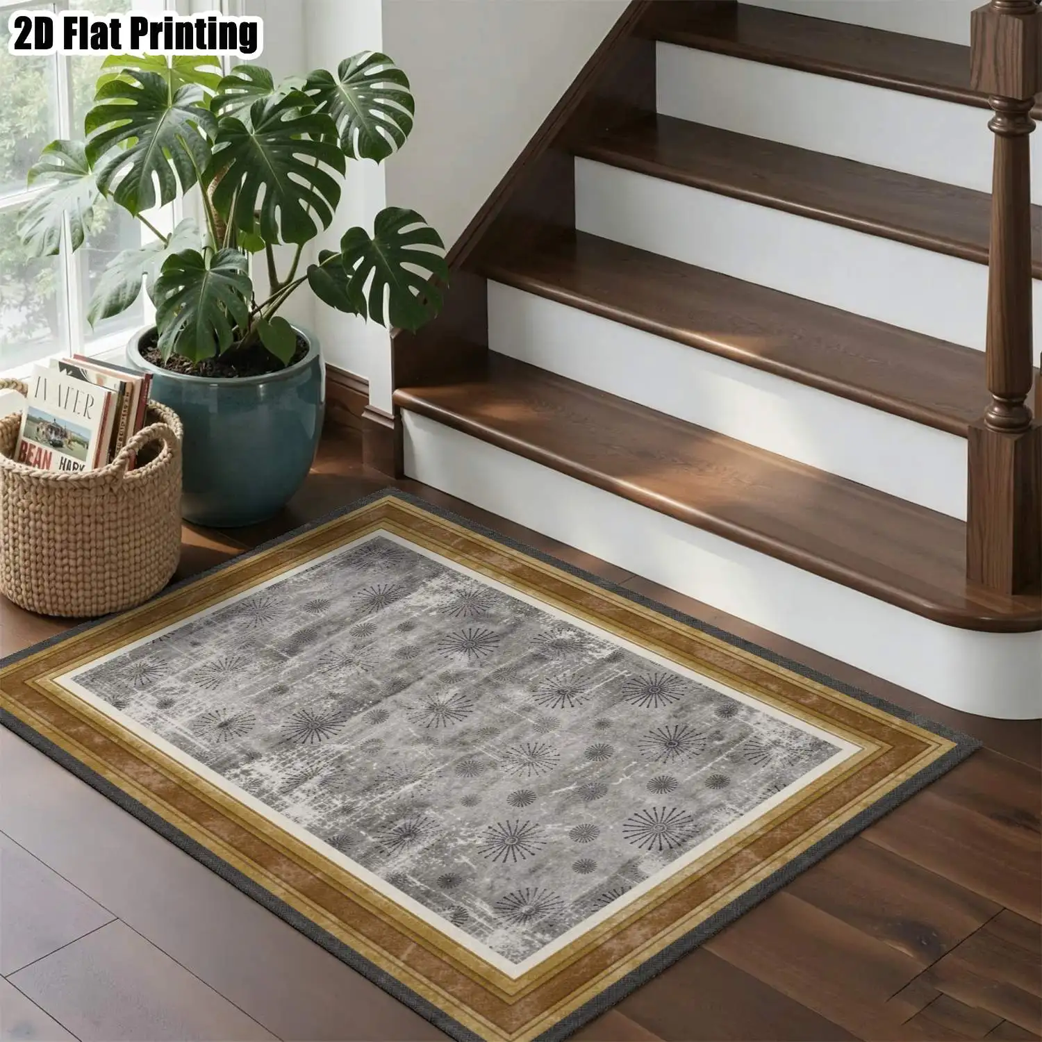 1Pc 2D Printed Retro Blue-Grey Radial Flower Nordic/Instagram-Style Minimalist Vintage Carpet: Home Decor, Multi-Size, Machine Washable, Suitable for Entrance/Dining/Foyer/Bedroom/Living Room