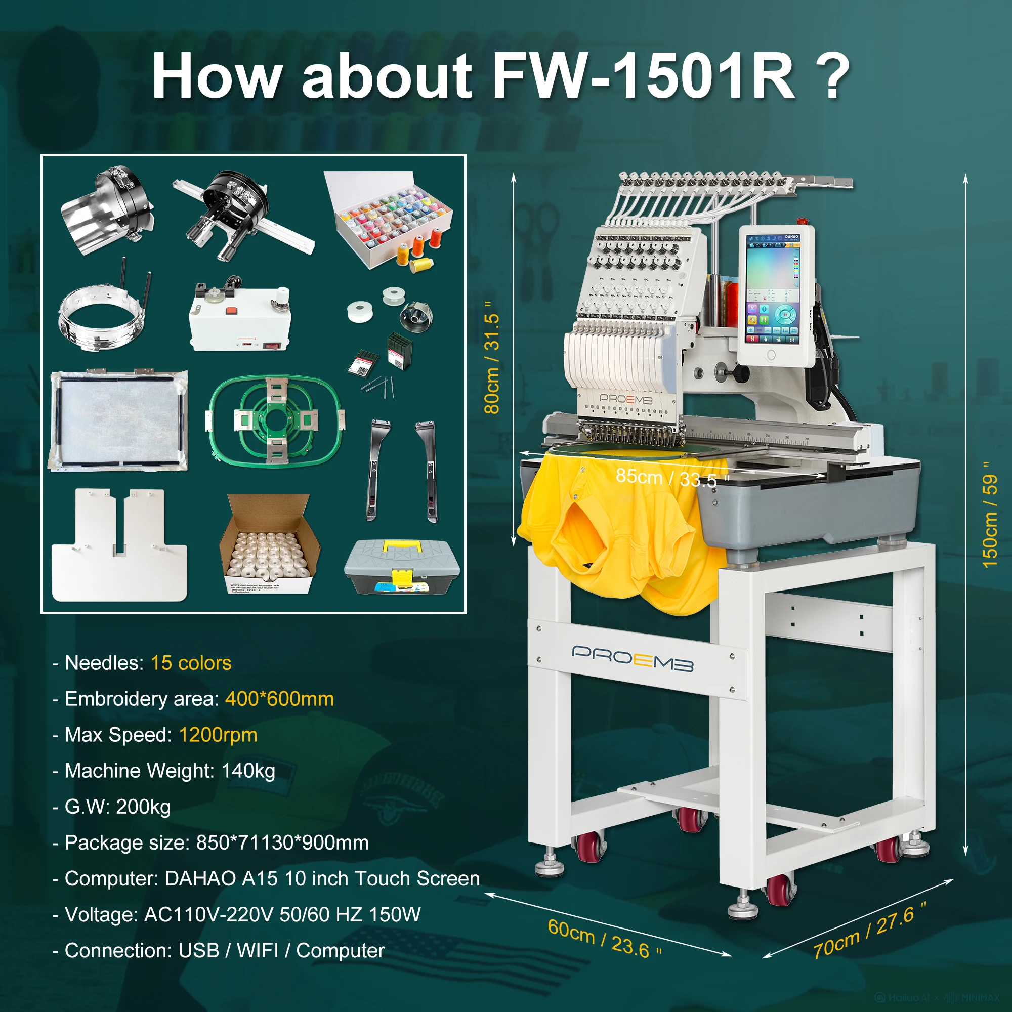 For New High Speed 1 Head Computerized Embroidery Machine 400x600mm Large Area 10