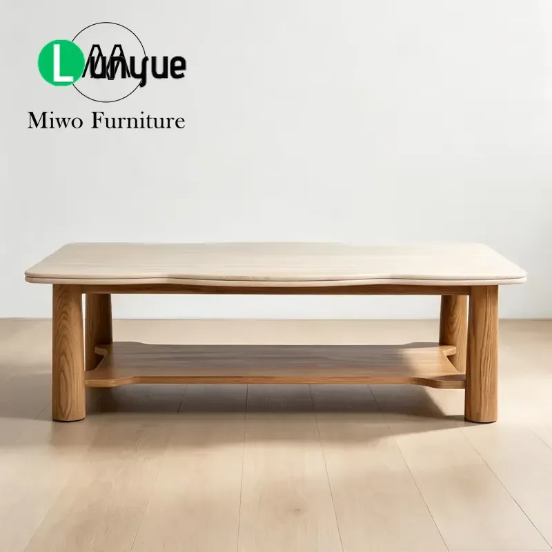 Wabi Sabi Rectangular Coffee Table Natural Limestone Wavy Top Solid Oak Frame Modern Minimalist Living Room Center Table