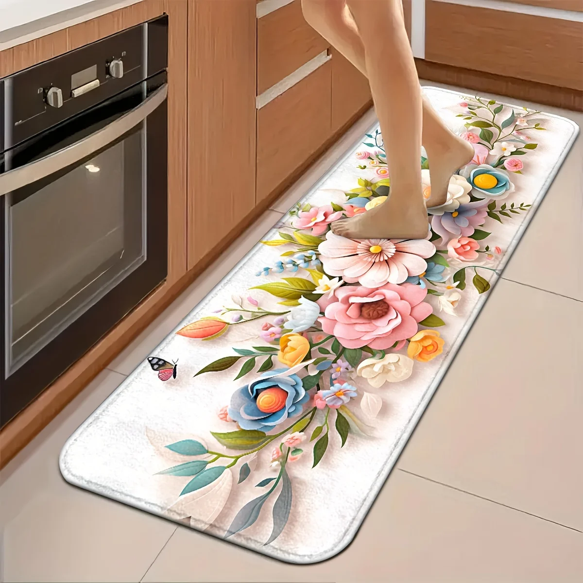 Vivid Spring Peony Rose Runner Mat Anti Slip Water Absorbent Rug Color Floral Butterfly Decor Carpet Kitchen Bedroom Bathroom